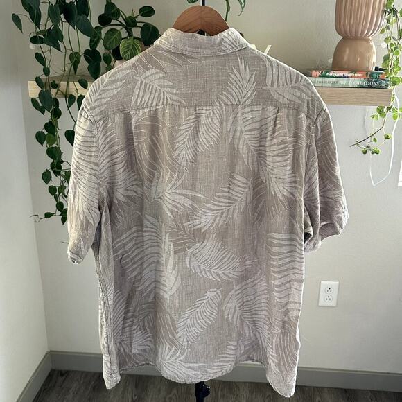 Tasso Elba Mens Linen Silk Blend Shirt XL Beige Brown Palm Leaves Button Up - Picture 2 of 7